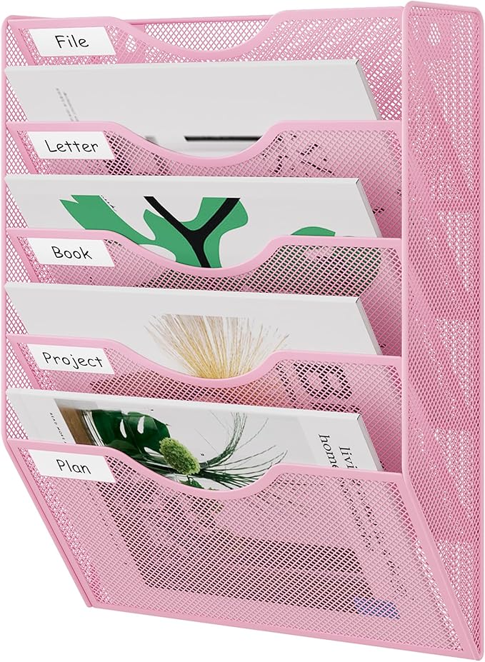 EasyPAG Wall File Organizer 5 Tier Hanging Paper Folder Holder, Zero Assembly Metal Mesh Wall Mounted Mail Organizer for Office Home Classroom Narrow Spaces, Pink