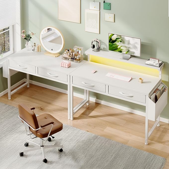 DurayLoly 32" Computer Desk with 2Drawers and Side Pocket for Teenagers,Office Desk with Monitor Stand and LED Lights, Study Writing Table with Anti-Tip Design for Small Spaces,Glacier White