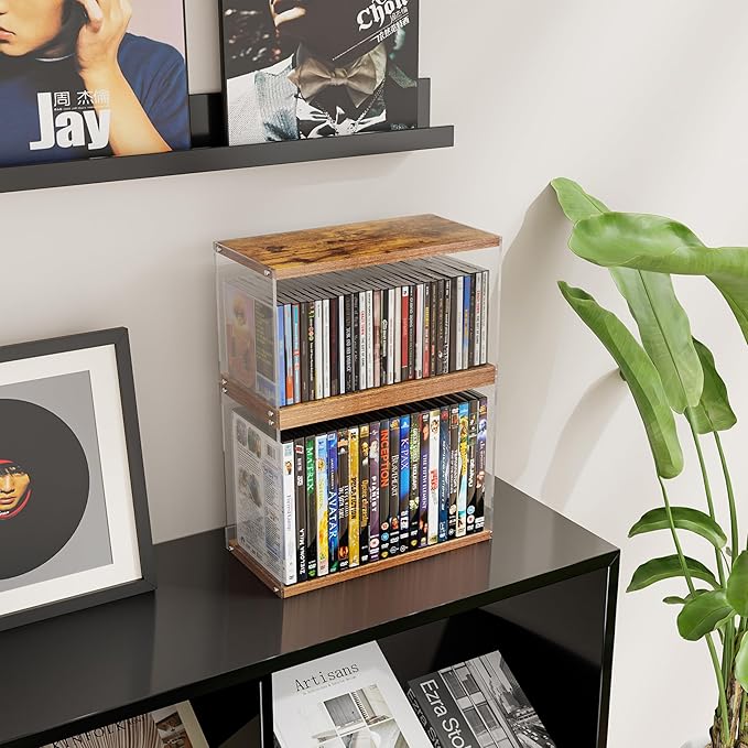 2Pack Stackable Wood Acrylic CD Holder Desk Rack Organizer Holds up to 60 CD Jewel Cases Media Storage Rack for Movie & Video Games Collections (Burning Wood, 2P For CD)