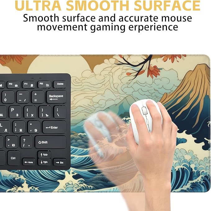 Large Gaming Mouse Pad Japanese Waves Desk Mat Mouse Pad Extended XL Mousepad, Large Non-Slip Rubber Base Mousepad with Stitched Edges, Desk Pad for Work Game Office, 31.5 x 15.8 in