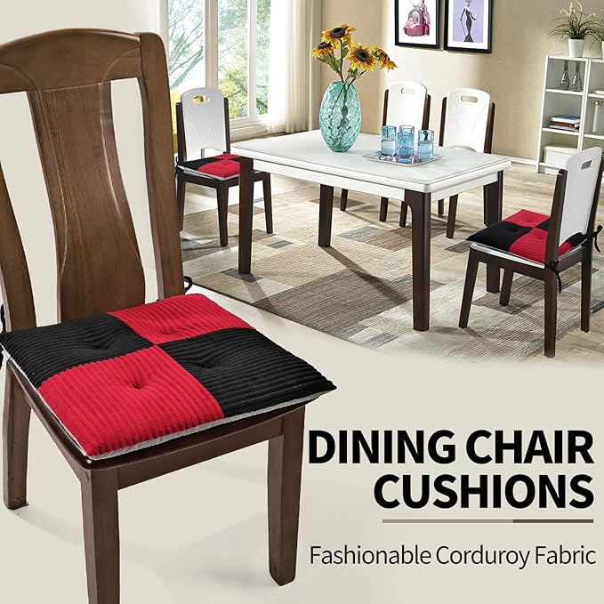 Office Stacking Chair Cushions 4 Pack, Corduroy High Density Foam Kitchen Seat Cushions with Ties, Square 17" x 17" Indoor Non-Slip Dining Chair Pads, Black+ Red，4pcs