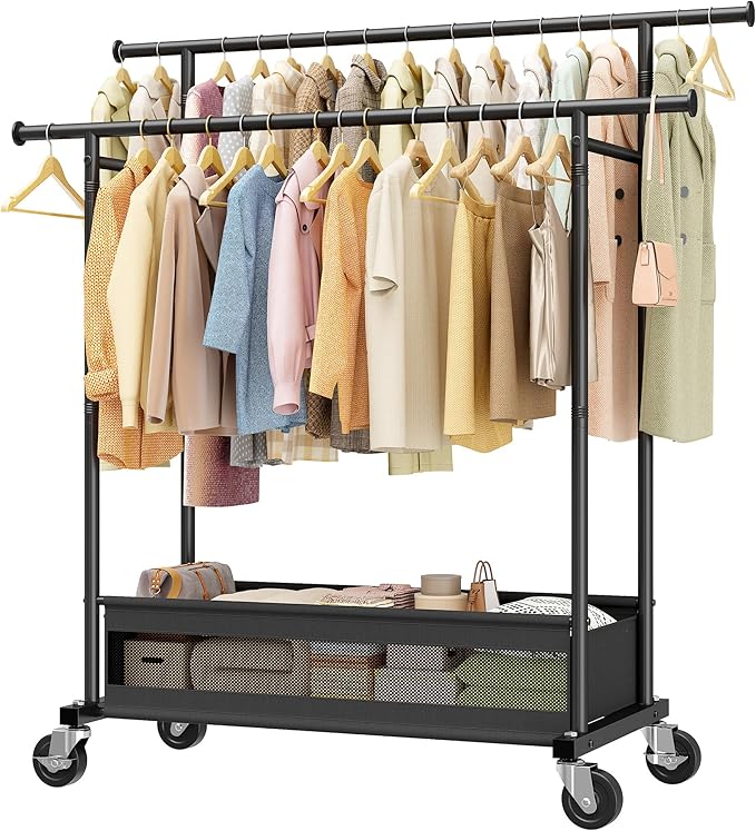 Clothes Rack Clothing Racks for Hanging Clothes, Rolling Clothes Rack Portable Clothing Rack, Double rod clothing rack with Storage Basket, Garment rack for Bedroom, Laundry Room, Black