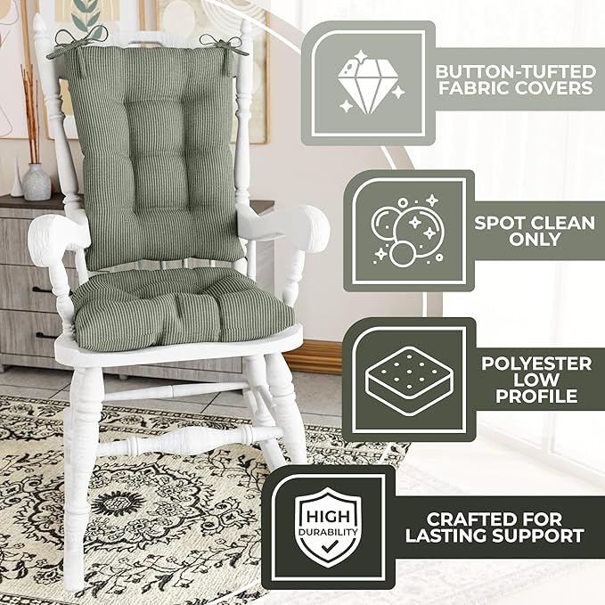 Klear Vu Omega Non-Slip Rocking Chair Cushion Set with Thick Padding and Tufted Design, Includes Seat Pad & Back Pillow with Ties for Living Room Rocker, 17x17 Inches, 2 Piece Set, Celadon