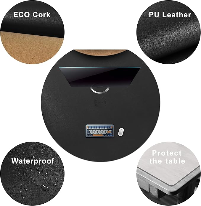 CENNBIE 42/40/36/32/30 Inches Round Table Mat - Cork Leather Table Pad Protector- Suitable as Side Dining Coffee Table Cover - Can Be Cut to Fit (Black)