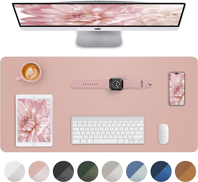 Makeup Mat for Vanity, PU Leather Desk Pad Blotter,Waterproof & Oilproof Desk Protector, Easy Clean Beauty Station Mat for Dresser Top, 35x17 Inches, Pink