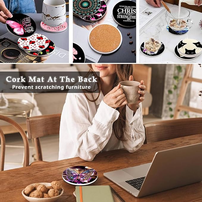 2Pack Cherry Ceramic Coasters Absorbent Coasters for Drinks with Cork Base, Cherry Coaster for Table Office Desk Decor Coffee Cup Wine Beer Bar Cup Mat 3.9 Inch, Cherrys Gifts for Women, Men, Dad