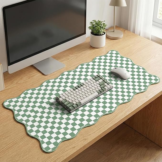 Scalloped Desk Mat Extended Large Cute Mouse Pad Big Desk Pad XXL Aesthetic Plaid Mousepad Checkered Gaming Mouse Pad for Keyboard Computer Laptop Home Office Accessories Girl 35.4X15.7Inches Green