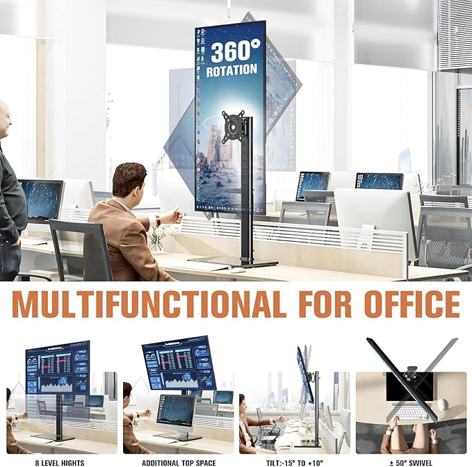 Single Monitor Stand Freestanding 27-43 Inch Monitor Arm Curved Screen Monitor Mount Tempered Glass Base Adjustable Motion Tilt -15° to 10° Swivel ±45° Rotation 360° Weight Capacity 77lbs HT05B-003