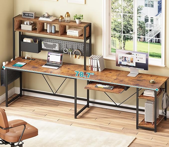 SEDETA L Shaped Gaming Desk with Hutch, 57.5” Reversible Corner Computer Desk with Storage Shelves, Gaming Desk with Pegboard, LED Lights, Power Outlet, Keyboard Tray (Rustic Brown)
