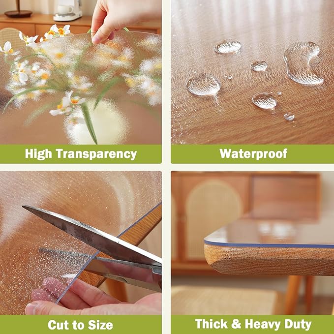 Frosted Clear Table Protector 38 x 66 Inch, 1.5mm Thick Plastic Table Cover, Waterproof PVC Clear Table Cover Protector, Desk Protector Mat, Writing Desk Pad for Desktop, Coffee & Dining Room Table