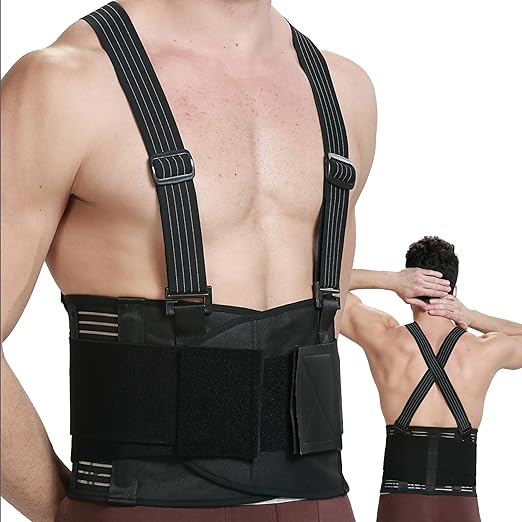 NeoTech Care Back Brace with Suspenders for Work - Industrial Lifting Safety, Elastic Compression, Hook & Loop Closure (Charcoal, Size XL)