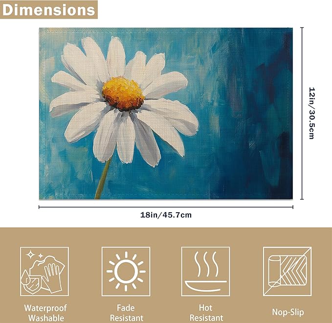 Vintage Daisy Flower Placemats Set of 6 Linen Table Mats, 12x18 Inch Washable Placemats for Dining Table, Non Slip Heat Resistant Mats for Kitchen Home Decor