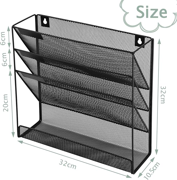 3 Pockets Mesh Wall File Holder Organizer with Bottom Flat Tray, Office Hanging File Folder Magazine Rack, Nametag Label Hooks Set Included, Black