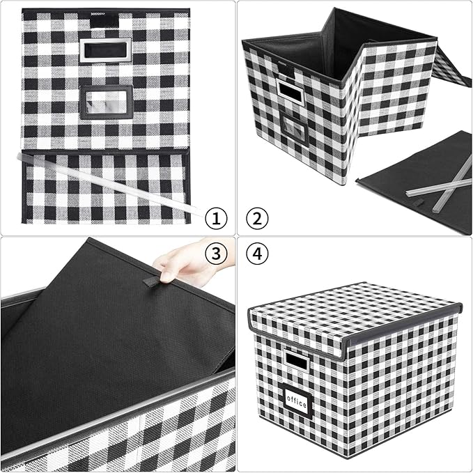 File Organizer Box with Lid, Collapsible File Folder Organizer for Office Document Storage, Filing Box with Plastic Slide for Letter Size Hanging File Folders(1 Pack, Black & White Lattice)