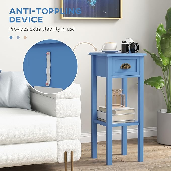 HOMCOM Narrow End Table with Drawer and Bottom Shelf, Slim Side Table for Small Spaces, Skinny Modern Space-Saving Accent Desk for Living Room, Set of 1, Light Blue