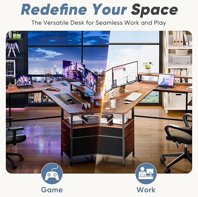 DUMOS L Shaped Gaming Desk with Charging Station & 2 Monitor Stands, Computer Desk with Drawer & Adjustable Storage Shelves, Large Corner Desk for Home Office, 62 Inch Rust Wood