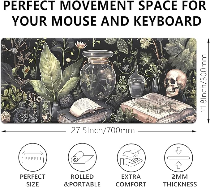 Dark Academia Witchcraft Mouse Pad,Extended Skull Magic Book Mousepad Desk Pad with Stitched Edges,Non-Slip Waterproof Rubber Base Mouse Mat for Office Computer Keyboard Laptop Home 27.5x11.8 in