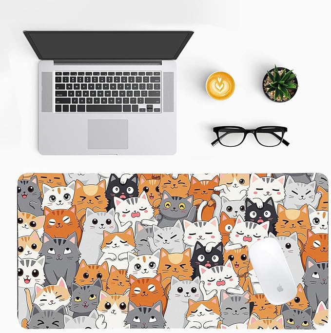 Positively Adorable Cat Desk Mat - （31.5 * 15.75in） Desk Pad, Large Non-Slip PU Leather Pad for Aesthetic Home Office & Gaming,A Gift for Cat Lovers