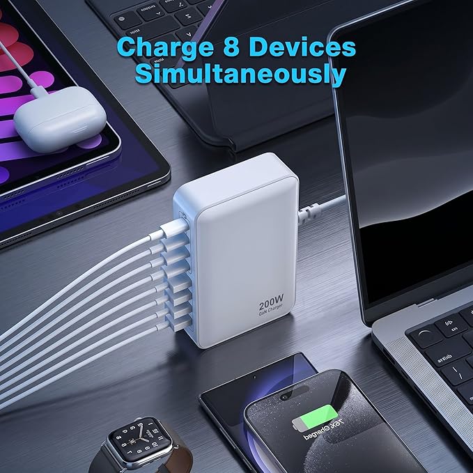 200W USB C Charger USB C Charger Block,Upgraded GaN III 8-Port Fast Charging Station Hub,PD 65W Laptop Charging Adapter Compatible with MacBook Pro/Air,DELL,Steam Deck,iPhone 16/15/14,Galaxy S23/22