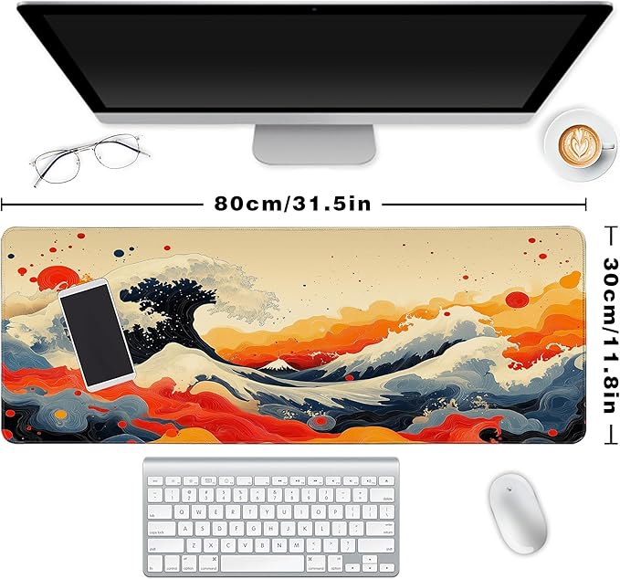 Long Gaming Mouse Pad Extended Anime Large Desk Pad with Non-Slip Base Full Keyboard Mat with Stitched Edges for Gaming and Office 31.5 x 11.8 inches (Watercolor Wave)
