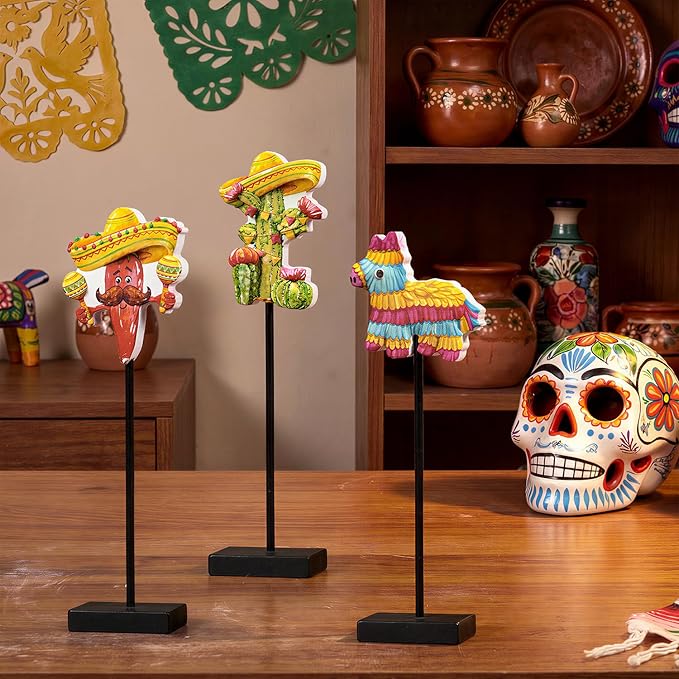 Smile Cinco De Mayo Tabletop Decor Mexican Fiesta Standing Figures (Cactus, Chili Pepper, Piñata) with Wooden Base & Sticks for Tiered Tray & Party Display