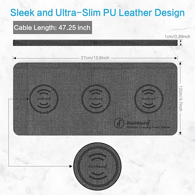 ZealSound Wireless Charging Pad, 3 in 1 Charger Mat for iPhone, Samsung Galaxy, Pixel, AirPods & Galaxy Buds, 24W Adapter Included, Ultra Slim, Case Friendly, PU Leather, Home Office & Travel, Gray