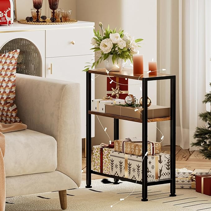 Narrow Side Table for Small Space, 2-Tier Small End Table with Shelf Holder, Slim Nightstand, Skinny Snack Couch Table in Living Room, Bedroom, Study, Kitchen and Balcony (Rustic Brown &Black)