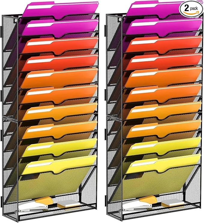11-Tier Wall File Organizer, Wall File Holder Mesh Mail Organizer for Papers, Folders, Letters, Magazine Rack for Office Home Classroom, Black 2 Pack