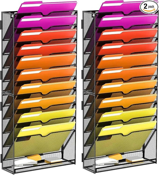 11-Tier Wall File Organizer, Wall File Holder Mesh Mail Organizer for Papers, Folders, Letters, Magazine Rack for Office Home Classroom, Black 2 Pack