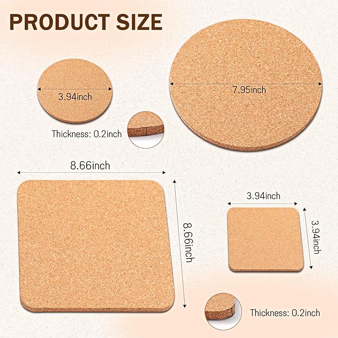 Boao 16 Pack Cork Trivet Set for Hot Dishes, 4 Sizes Wooden Round Rectangle Cork Coasters, Hot Pot Holder for Countertop, Heat Resistant Placemats for Pots and Pans, Pads for Home Restaurant Table