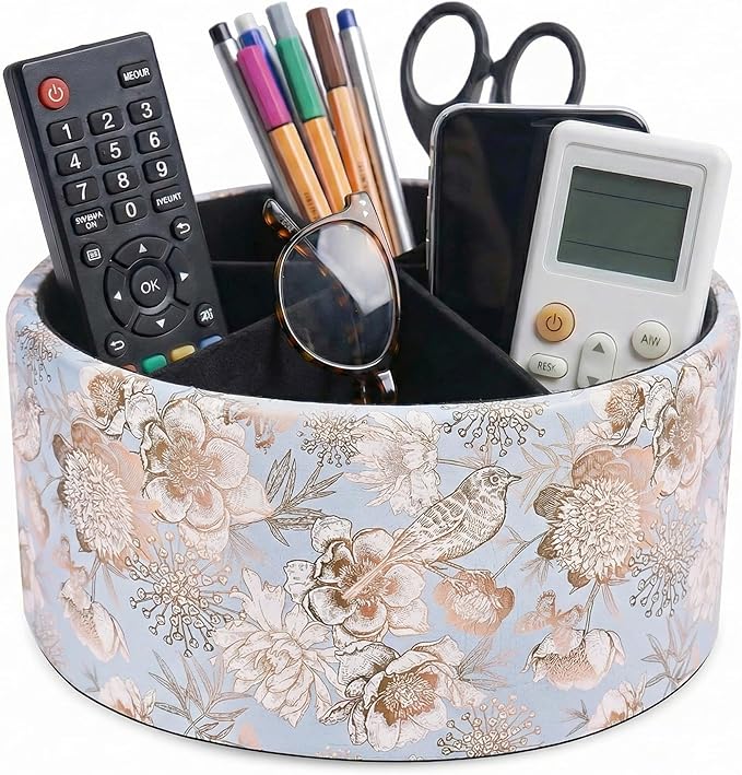 Remote Control Holder, 360°Spinning PU Leather Desk TV Remote Caddy,Desk Storage Box Room Accessories for Controller, Media,Mail,Calculator, Mobile Phone,Pencil(1B-Blue Bird)