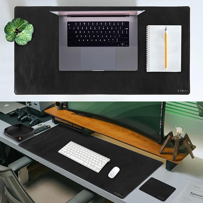 ELIZO Leather Desk Pad Real Leather Desk Mat Thick (3mm) Double Layer (31x15.6) Cover Blotter Desk Protector Large Computer Mat for Keyboard Mouse Pad Table Laptop Mat Office Accessories - Carbon