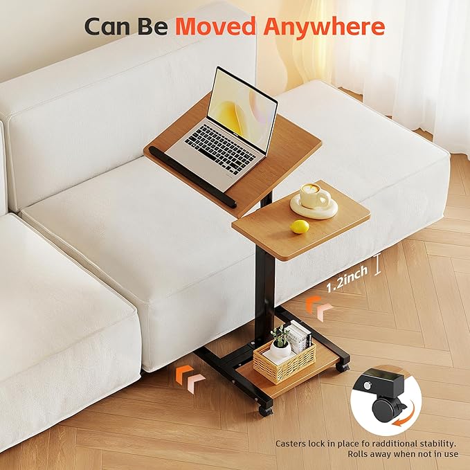 LINGMI Mobile Height Adjustable Laptop Desk with Mouse Pad, Portable Laptop Desk Rolling Tiltable Table with Small Side Table for Couch,Rolling Computer Stand
