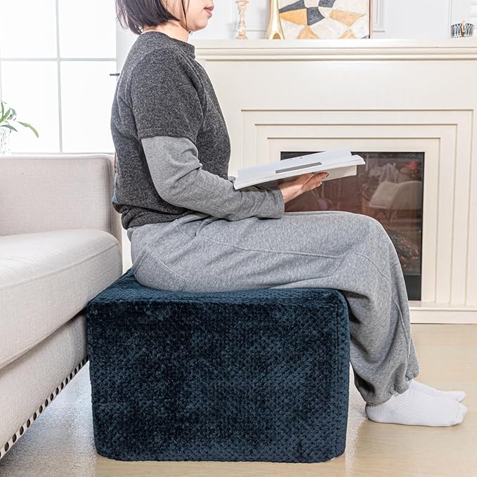 Furry Square Pouf Ottoman – 20"x14" One-Piece Seamless Integral Foam Foot Stool Ottoman Foot Rest Living Room Bedroom Under Desk (Navy Blue)