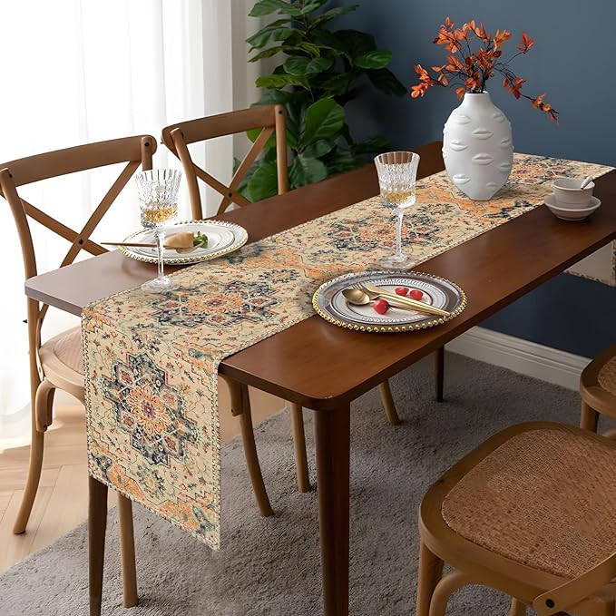 Boho Beige Table Runner,Vintage Elegant Farmhouse Table Center Linen Decor,Country Rustic Farmhouse Magical Fall Kitchen Dining Table Decoration for Home Dining Party Decor 13x72 Inch