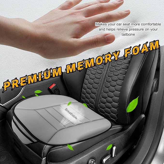 povtii Car Seat Cushion with Front Pocket, Non-Slip Bottom Cushion for Car Driver Office or Home Chair, Breathable Pressure Relief Seat Pad with Memory Foam, Car Accessories (Gray)