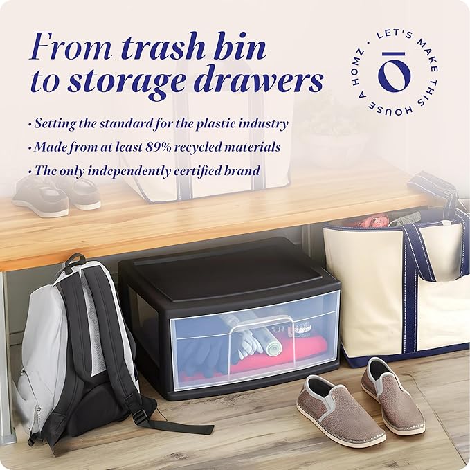HOMZ 2-Pack 1-Drawer Storage Cart, Clear Plastic Container, 15" Wide Body, Black Frame - Organizing Drawer Containers for Home, Bathroom, Bedroom, Office, and Classroom