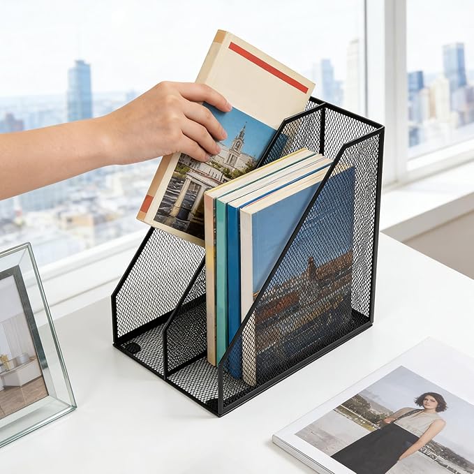 Carperipher Metal Mesh Magazine File Holder, 2 Pcs Desk Document Organizer, 2 Compartments Desk Organizers, Mesh Desktop Organizer and Storage, Black