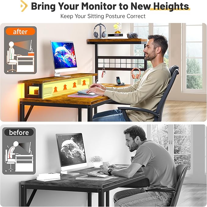 EnHomee 40" Computer Desk with Power Outlets & LED Lights, Gaming Desk with Drawer & Storage Shelves, Reversible Home Office Desk with Monitor Stand, for Living, Study Room, Gaming Room, Rustic Brown