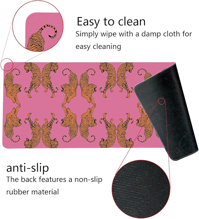 Pink Tiger Decor Desk Mat, Large Girly Cheetah Mouse Pad, Leopard Print Desk Mat for Girls Dorm Home Office Decor, Tiger Mouse Pad Desktop Decor,31.5x11.8