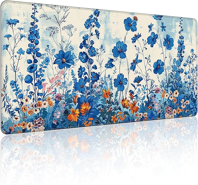 35.4 x 15.7 in, XXL Large Mouse Pad for Desk, Extended Keyboard Mouse Mat for Computer Office, Big Mouse pad with Stitched Edges, Gaming Pc-Blue Flower and Weeds
