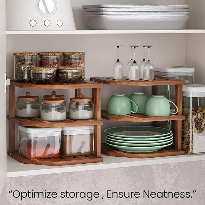 VERTORGAN 3 Tier Acacia Wood Corner Shelf(2 Pack),Dish Drying Rack,Plate Organizer,Kitchen Spice Rack for Countertop and Cabinet,Pantry Organization and Storage