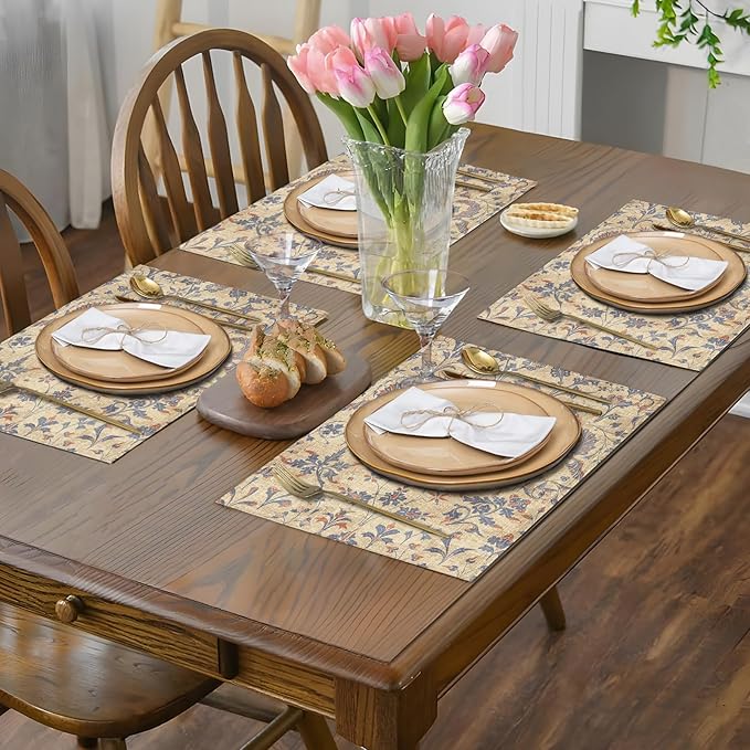 Boho Floral Cream Placemats Set of 4,Vintage Elegant Farmhouse Table Center Linen Decor,12x18 Inch Country Rustic Farmhouse Magical Fall Table Mats for Party Kitchen Dining