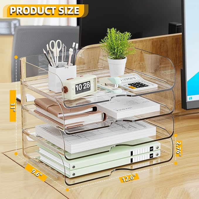 HIYOHIYO Clear Office A4 Paper Desk Organizer, Acrylic Desktop Organizer for A4 File Folder Stackable, Large Capacity Desk Letter Paper Holder, Organizer for Office File, 4 Tier Horizontal Style