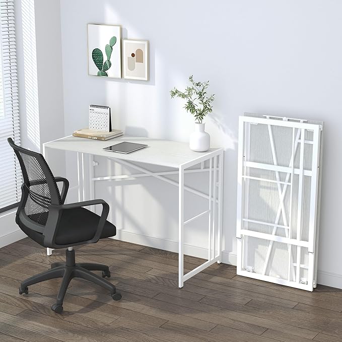 Lutown-Teen Folding Desk 40 inch Writing Gaming Computer Camping Table, No Assembly Required Home Office Desk, White