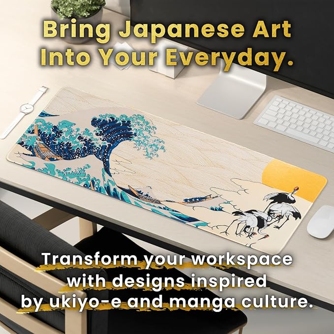 BELLEMOND Japanese Art Desk Mat | Large 31.5x11.8in Anime Mouse Pad for Keyboard & Mouse | Non-Slip Base, Water-Repellent | Original Japanese Design | Waves of Harmony