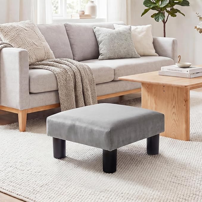 Joveco 15'' Small Foot Rest Stool Ottoman- Upholstered Footstool and Ottomans Small Footrest for High Beds- Lightweight and Portable, Light Gray
