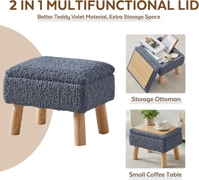 Storage Ottoman, Small Foot Stool Ottoman with Storage, Teddy Velvet Foot Rest with Wood Legs, Footstool for Living Room, Bedroom, Entryway, Blue