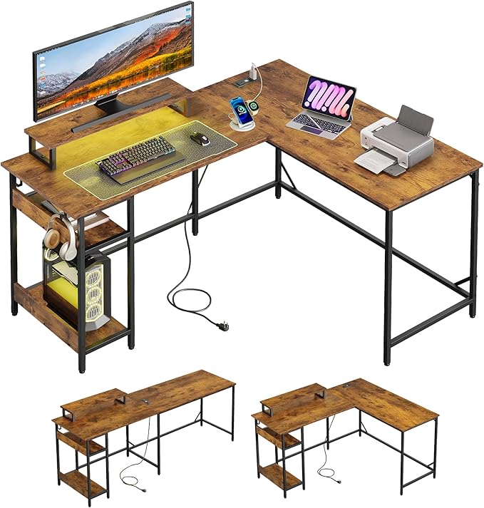 DEVAISE Spacious 55" L Shaped Gaming Desk with LED Lights and Power Outlets - Reversible Corner Computer Table with Monitor Stand and Storage Shelves for Work and Gaming, Rustic Brown
