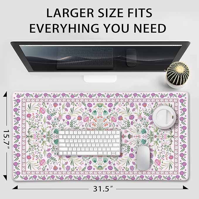 Purple Floral Desk Mat, 31.5"x15.7" Large Mouse Pad, Anti-Slip Rubber Base Keyboard Pad with Stitched Edges, Water-Resistant Smooth Desk Blotter, Computer Mat for Home Office Desk